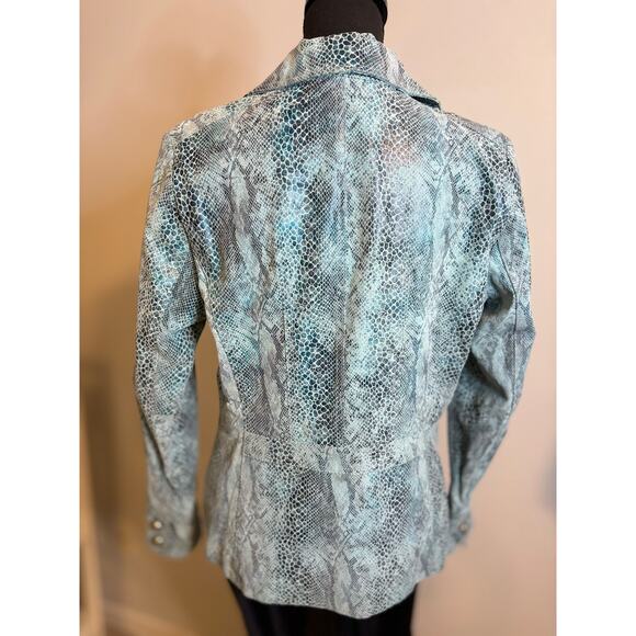 PAMELA MCCOY Turquoise Suede Foil Snake Print Leather Blazer Jacket - Picture 4 of 11